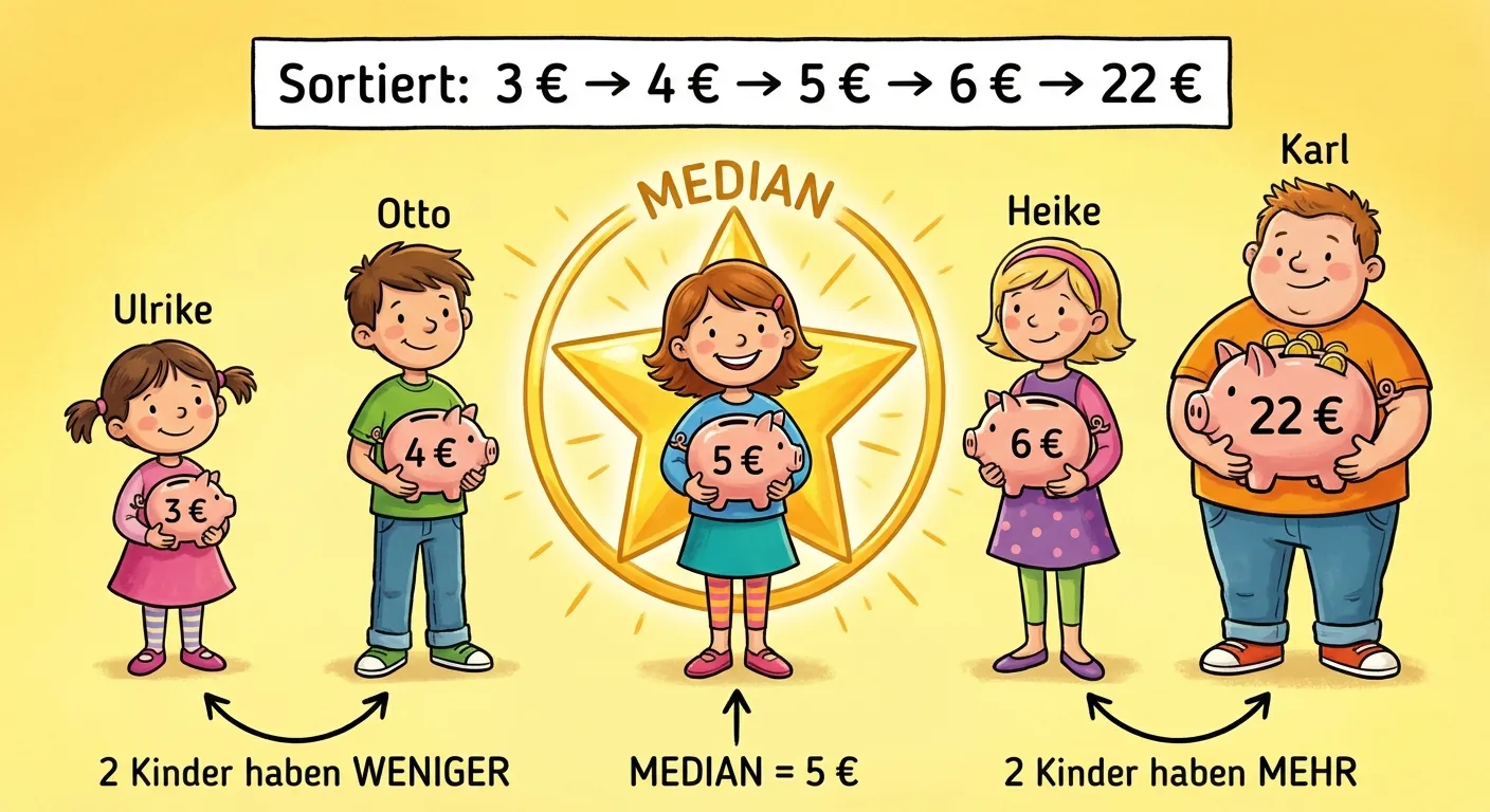 Erstelle eine Illustration der Kinder sortiert nach ihrem Taschengeld.

**Aufbau:**
Fünf Kinder stehen in einer Reihe, sortiert nach ihrem Taschengeld von wenig nach viel.

**Von links nach rechts (mit Sparschwein und Betrag):**
1. **Ulrike** - kleines Sparschwein mit „3 €“
2. **Otto** - Sparschwein mit „4 €“
3. **Tanja** - Sparschwein mit „5 €“ - SIE IST EINGEKREIST mit einem großen Stern und dem Text „MEDIAN“
4. **Heike** - Sparschwein mit „6 €“
5. **Karl** - großes Sparschwein mit „22 €“

**Pfeile und Beschriftung:**
- Unter Ulrike und Otto: „2 Kinder haben WENIGER“
- Unter Tanja: „MEDIAN = 5 €“
- Unter Heike und Karl: „2 Kinder haben MEHR“

**Oben:**
„Sortiert: 3 € → 4 € → 5 € → 6 € → 22 €“

**Gestaltung:**
- Freundliche Cartoon-Kinder
- Tanja in der Mitte deutlich hervorgehoben (leuchtender Kreis oder Stern)
- Die Sparschweine zeigen die Beträge deutlich
- Bunte, fröhliche Farben
- Heller Hintergrund