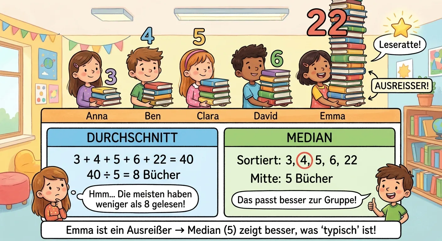 Erstelle eine kindgerechte Darstellung des Bücher-Beispiels mit beiden Berechnungen.

**Aufbau:**
Oberer Bereich zeigt fünf Kinder mit Bücherstapeln unterschiedlicher Höhe.

**Die fünf Kinder:**
- Anna: Stapel mit 3 Büchern, „3“ darüber
- Ben: Stapel mit 4 Büchern, „4“ darüber
- Clara: Stapel mit 5 Büchern, „5“ darüber
- David: Stapel mit 6 Büchern, „6“ darüber
- Emma: RIESIGER Stapel mit 22 Büchern, „22“ darüber, mit Stern „Leseratte!“ und „AUSREISSER!“

**Zwei Rechenkästen darunter nebeneinander:**

**Kasten 1 (blau) - DURCHSCHNITT:**
„3 + 4 + 5 + 6 + 22 = 40“
„40 ÷ 5 = 8 Bücher“
Darunter: „Hmm... Die meisten haben weniger als 8 gelesen!“

**Kasten 2 (grün) - MEDIAN:**
„Sortiert: 3, 4, 5, 6, 22“
„Mitte: 5 Bücher“
Darunter: „Das passt besser zur Gruppe!“

**Fazit unten:**
„Emma ist ein Ausreißer → Median (5) zeigt besser, was 'typisch' ist!“

**Gestaltung:**
- Kinder mit unterschiedlich hohen Bücherstapeln
- Emmas Stapel deutlich höher als die anderen
- Klare Rechenwege in den Kästen
- Cartoon-Stil für 4. Klasse
- Heller, freundlicher Hintergrund