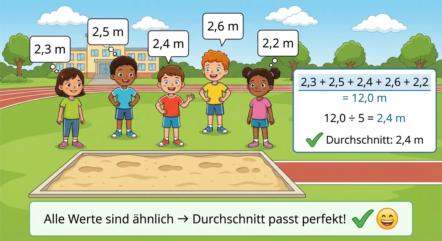 Erstelle eine Illustration für ein gutes Durchschnitts-Beispiel.

**Aufbau:**
Eine Gruppe von fünf Kindern bei einem Weitsprung-Wettkampf.

**Szene:**
Fünf Kinder stehen an einer Sprunggrube, über jedem Kopf steht ihre Weite:
- Kind 1: 2,3 m
- Kind 2: 2,5 m
- Kind 3: 2,4 m
- Kind 4: 2,6 m
- Kind 5: 2,2 m

**Rechts daneben ein Rechenkasten:**
„2,3 + 2,5 + 2,4 + 2,6 + 2,2 = 12,0 m“
„12,0 ÷ 5 = 2,4 m“
Ein Häkchen: „Durchschnitt: 2,4 m“

**Unter dem Bild:**
„Alle Werte sind ähnlich → Durchschnitt passt perfekt!“
Ein grünes Häkchen und ein zufriedenes Gesicht

**Gestaltung:**
- Kinder in Sportkleidung an der Sprunggrube
- Alle Weiten ähnlich groß (keine extremen Unterschiede)
- Freundlicher Cartoon-Stil
- Heller, sportlicher Hintergrund