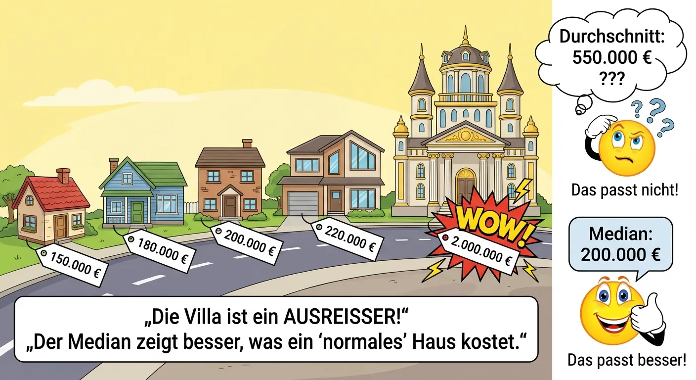 Erstelle eine Illustration für ein gutes Median-Beispiel.

**Aufbau:**
Eine Szene mit fünf Häusern unterschiedlicher Größe in einer Straße.

**Die fünf Häuser (mit Preis-Schildern):**
1. Kleines Haus: 150.000 €
2. Mittleres Haus: 180.000 €
3. Normales Haus: 200.000 €
4. Größeres Haus: 220.000 €
5. VILLA (riesig, weit größer als die anderen): 2.000.000 € - mit einem „WOW!“-Blitz daneben

**Rechnung daneben:**
„Durchschnitt: 550.000 € ???“
Ein verwundertes Gesicht: „Das passt nicht!“
„Median: 200.000 €“
Ein zufriedenes Gesicht: „Das passt besser!“

**Erklärung unten:**
„Die Villa ist ein AUSREISSER!“
„Der Median zeigt besser, was ein 'normales' Haus kostet.“

**Gestaltung:**
- Vier normale Häuser und eine riesige Villa
- Die Villa deutlich als Ausreißer erkennbar
- Preisschilder gut lesbar
- Cartoon-Stil für 4. Klasse
- Heller Hintergrund mit Straße