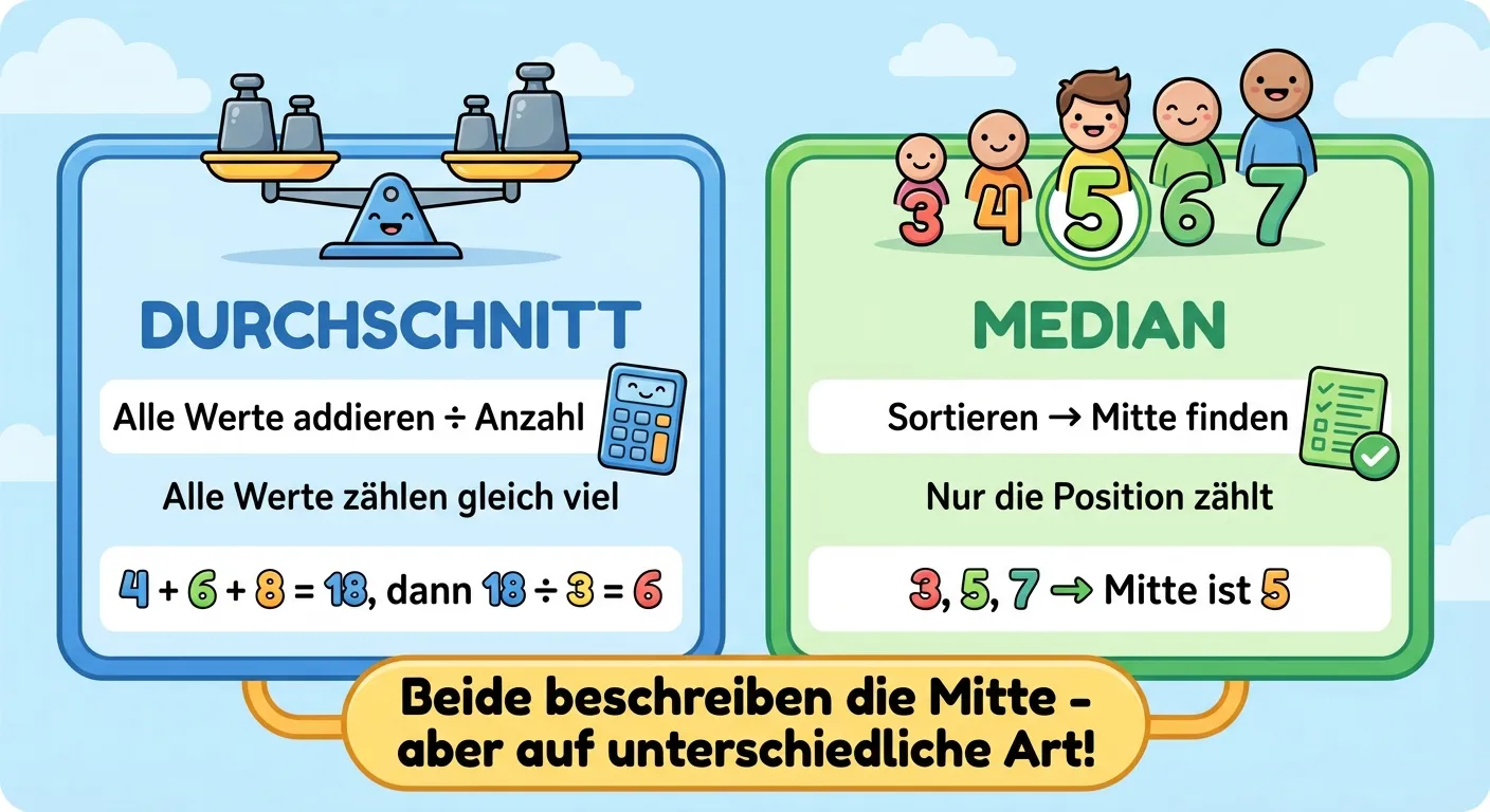 Erstelle eine übersichtliche Vergleichsdarstellung der beiden Mittelwerte.

**Aufbau:**
Zwei große Kästen nebeneinander.

**Linker Kasten (blau) - „DURCHSCHNITT“:**
- Oben: Symbol einer Waage im Gleichgewicht
- Formel: „Alle Werte addieren ÷ Anzahl“
- Merkmal: „Alle Werte zählen gleich viel“
- Icon: Taschenrechner
- Beispiel: „4 + 6 + 8 = 18, dann 18 ÷ 3 = 6“

**Rechter Kasten (grün) - „MEDIAN“:**
- Oben: Symbol einer sortierten Reihe mit markierter Mitte
- Formel: „Sortieren → Mitte finden“
- Merkmal: „Nur die Position zählt“
- Icon: Sortierte Liste
- Beispiel: „3, 5, 7 → Mitte ist 5“

**Unten verbindend:**
„Beide beschreiben die Mitte - aber auf unterschiedliche Art!“

**Gestaltung:**
- Klare Trennung der zwei Methoden
- Passende Farben (blau für Durchschnitt, grün für Median)
- Große, lesbare Schrift
- Cartoon-Stil für 4. Klasse
- Heller Hintergrund